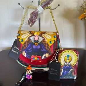Disney Villains Queen Loungefly Crossbody, Wallet, Keychain/Bag Charm Bundle
